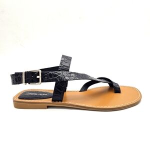 Black Antonio Melani Black Leather Sandals Toe Strap Brazil New Silver Buckle